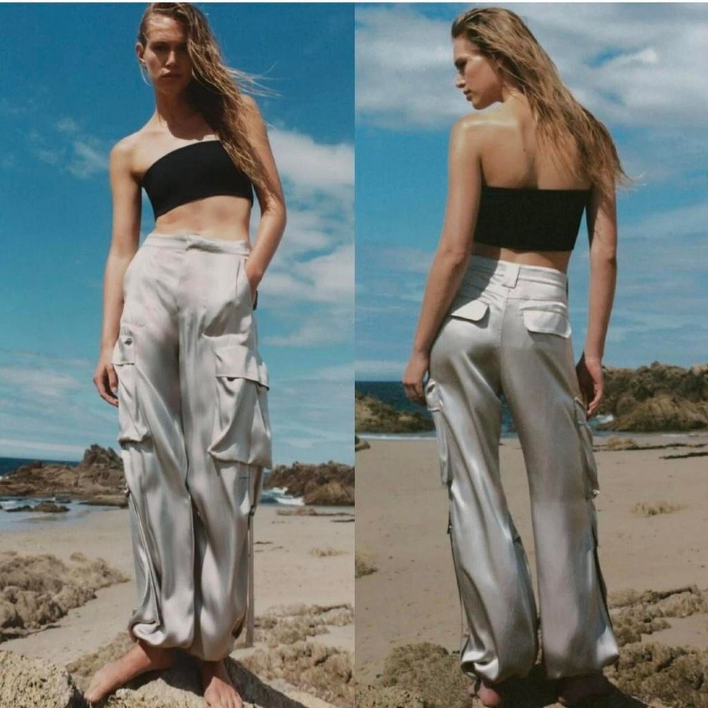 Zara champagne 🍾 color satin cargo pants #cargo #satin size M